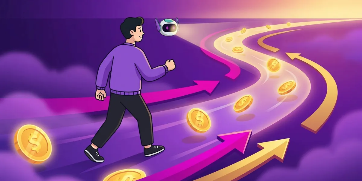 Beginner trader following a path of coins and market arrows guided by an AI trading journal assistant