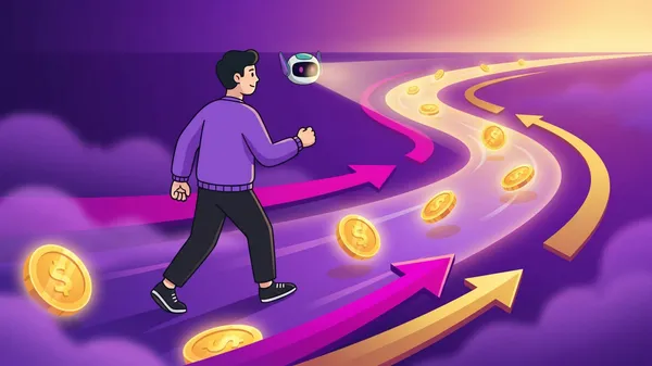 Beginner trader following a path of coins and market arrows guided by an AI trading journal assistant