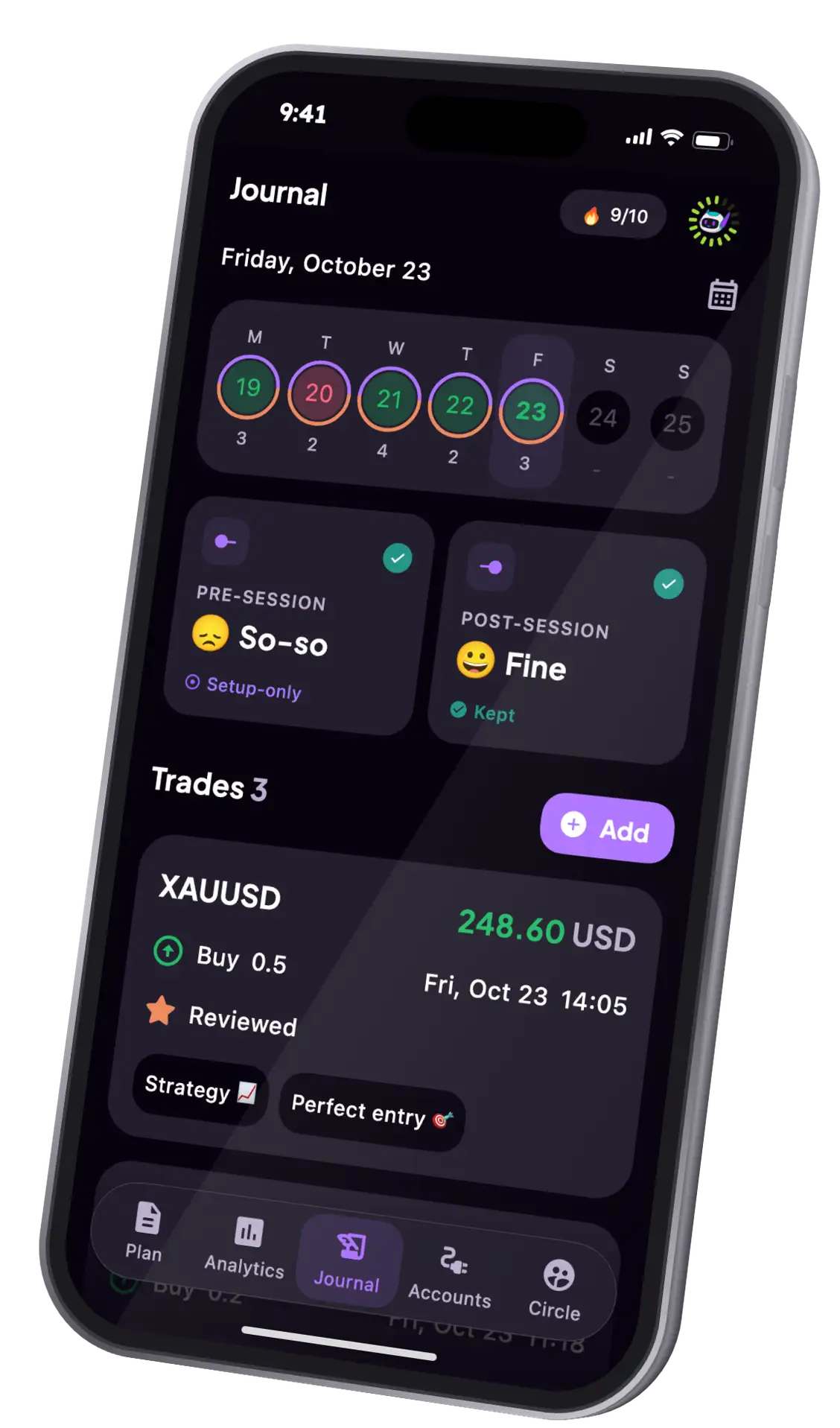 Plancana AI trading journal app on iPhone: daily trade journal with a pre-session check-in, post-session recap and a reviewed XAUUSD trade